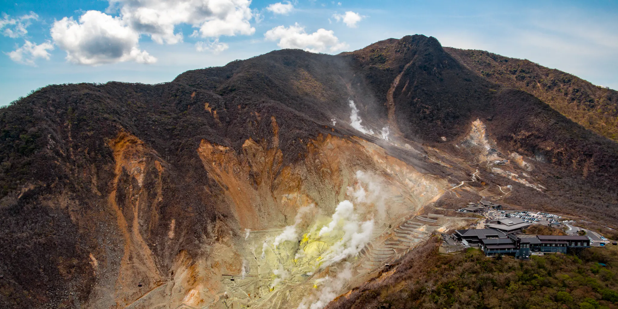 Aerial view of Owakudani's steaming volcanic terrain