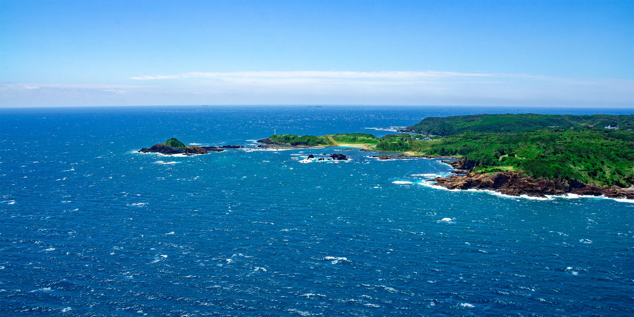 Aerial view of Tsumekizaki cape and the offshore rock islets