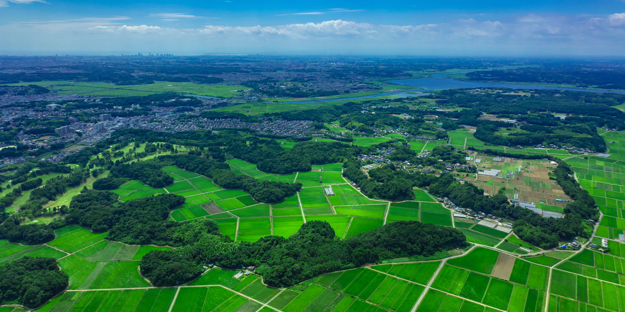 緑の田んぼやゴルフ場、里山、住宅地、川、そして遠くにかすむ都市のスカイラインを見渡す広大な空撮パノラマ。