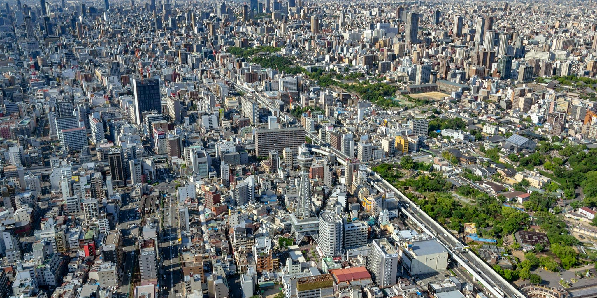 セスナで上空から見た新世界の街並み