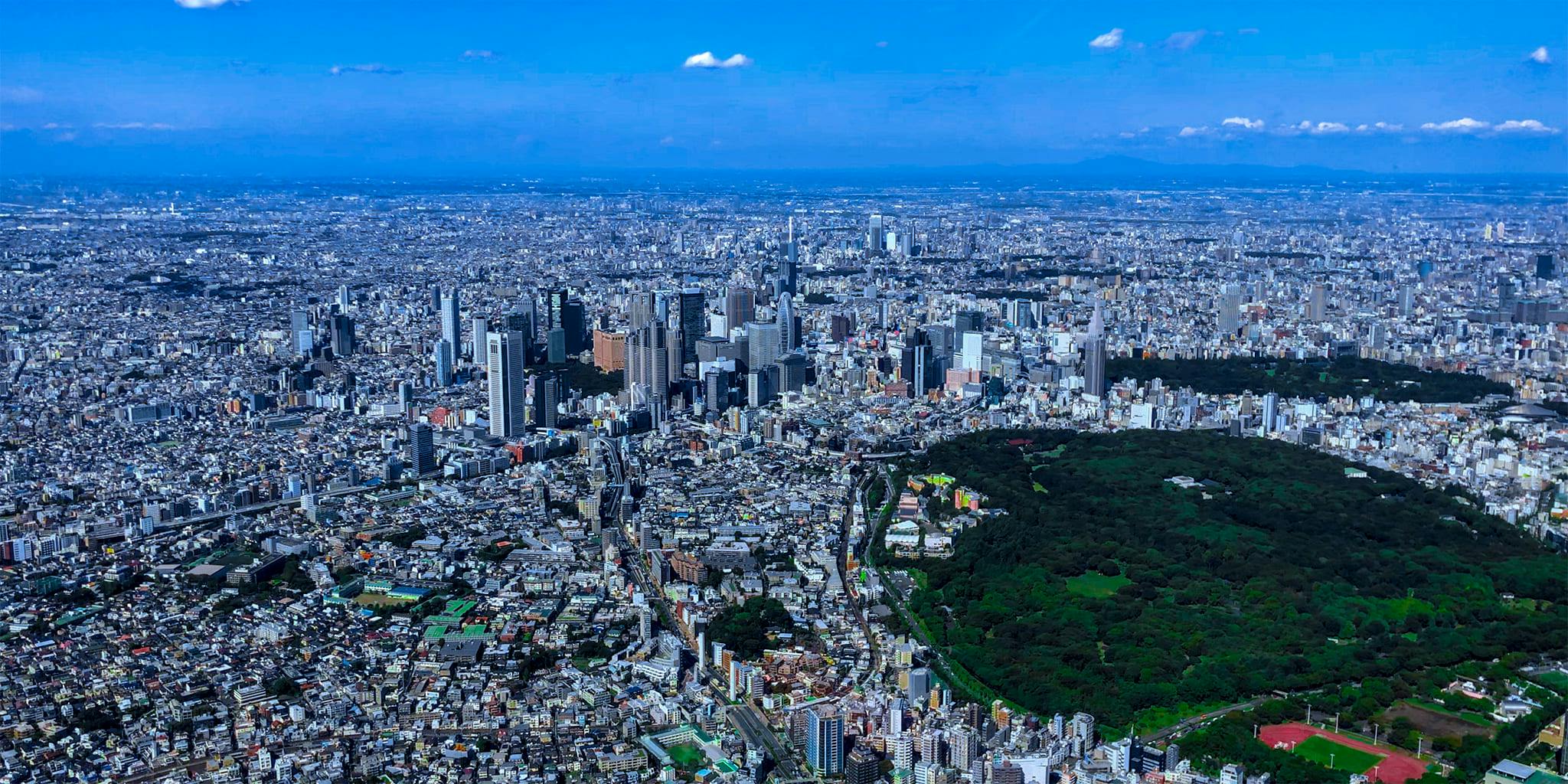 ヘリコプターで東京上空をフライトして見える新宿、代々木公園