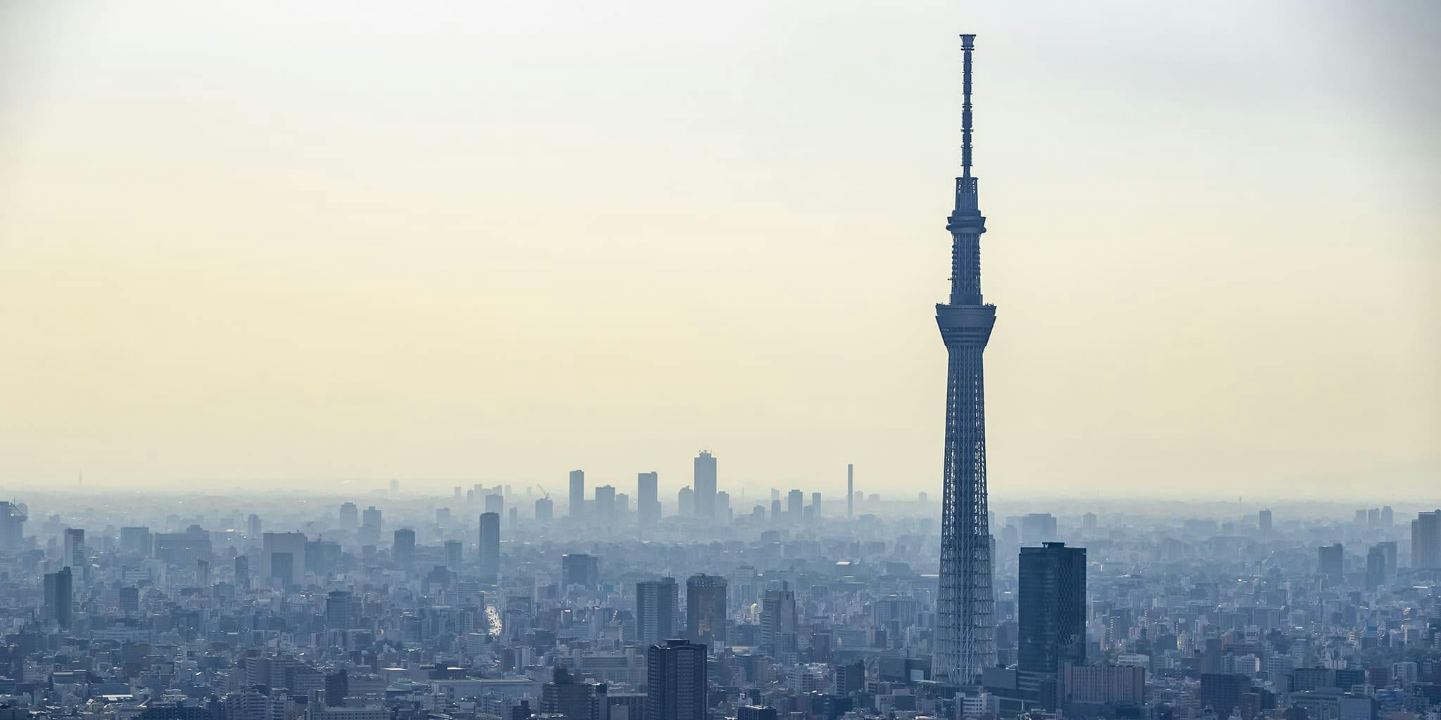 ヘリコプターで東京上空をフライトして見えるスカイツリー